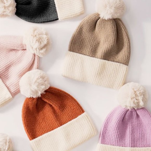 NEW Super Soft Cozy Faux Fur Pom Pom Color Block Rib Knit Beanie Hats Taupe Rust - Picture 8 of 8